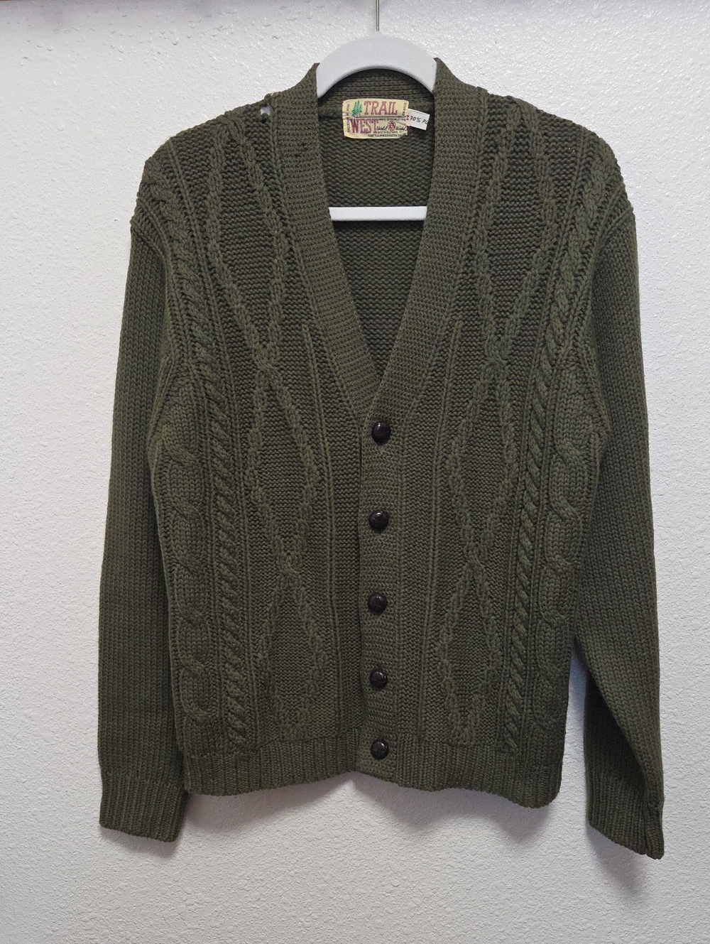 Olive Green Vintage Trail West 100% Wool Cable Men's Cardigan Sweater